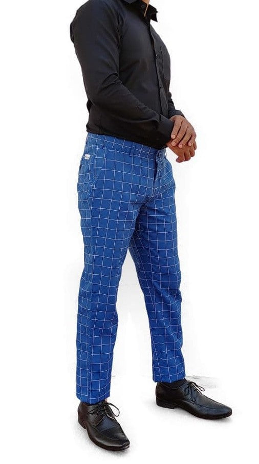 Men Blue Smart Regular Fit Checked Formal Trousers